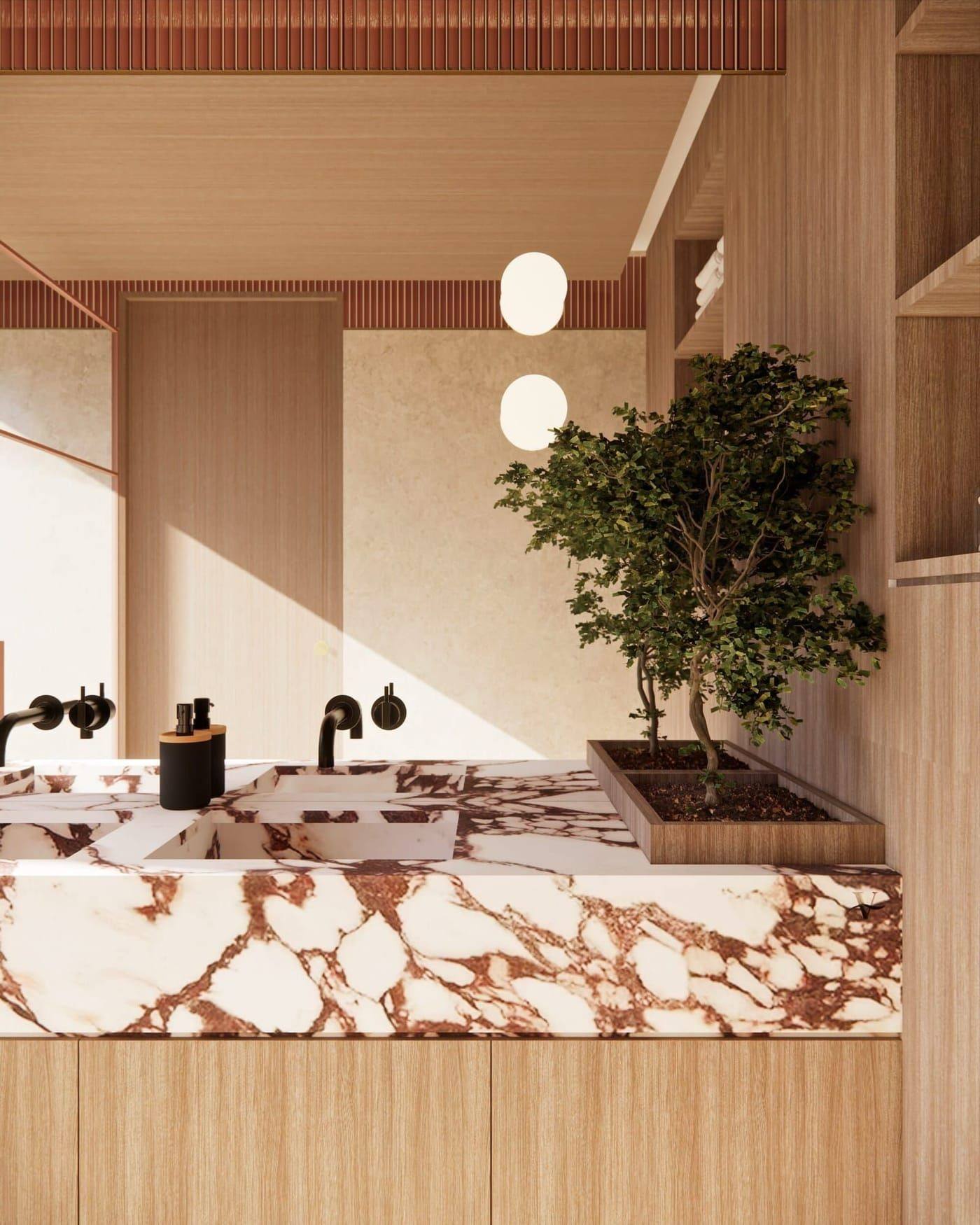 Detalle baño · mármol Calacatta Viola